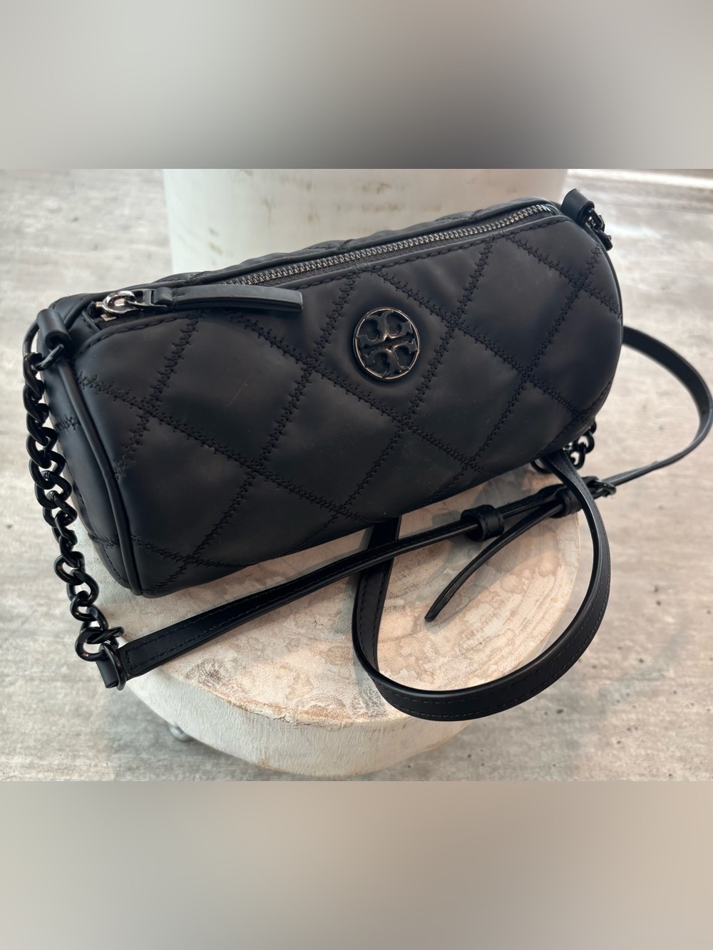 Tory Burch Black Quilted Leather Crossbody with Logo Medallion